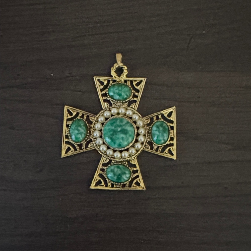 Vintage gold toned turquoise cross pendant